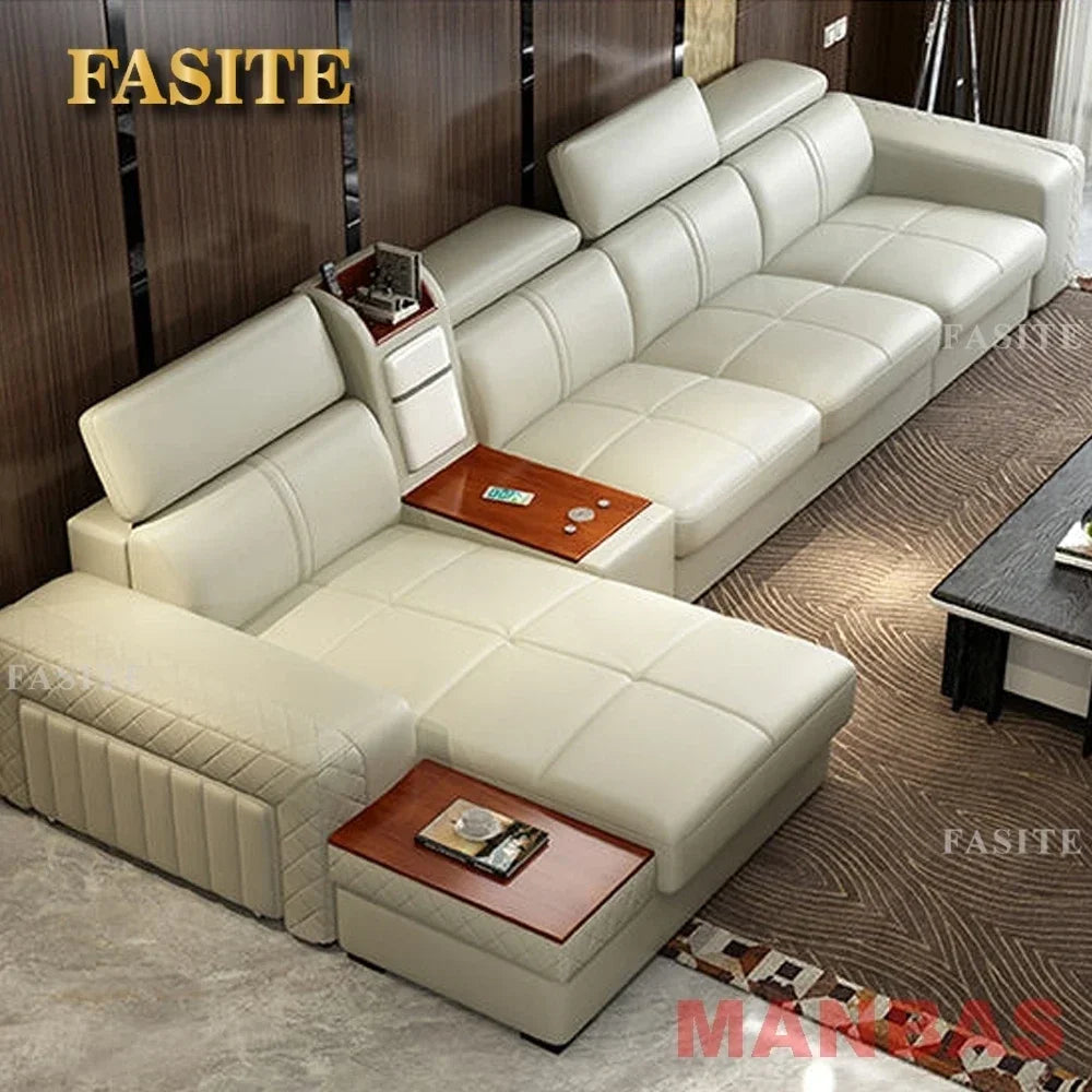 Italian Leather Couch With Heating Seat Cold Fridge Genuine Leather Sofa With Headrests USB, Stools And Storage Easy to clean