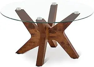 Round Glass Coffee Table, 31.5 in Clear Accent Table Cocktail Table with MDF Leg and Tempered Glass Top