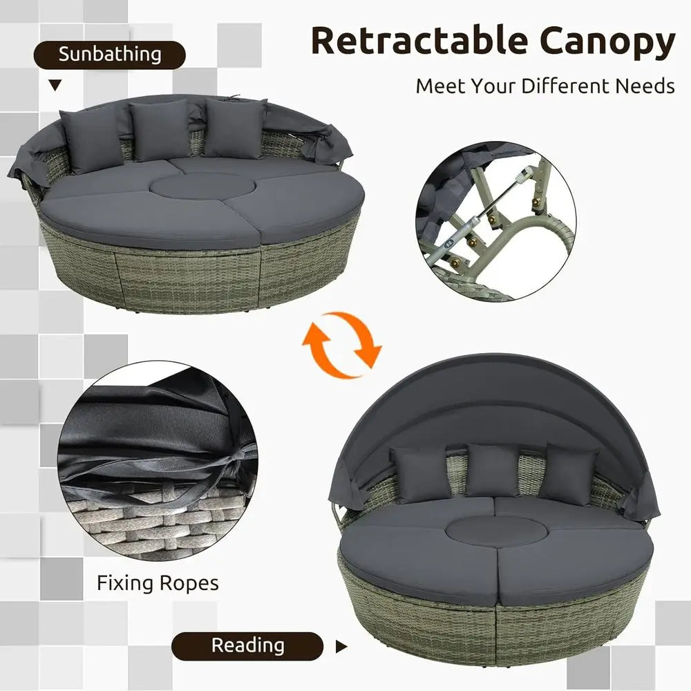 Patio Round Daybed with Retractable , Outdoor Wicker Rattan urniture Set, Sectional Cushioned Soa Set with Height Adjustable Coe