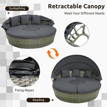 Patio Round Daybed with Retractable , Outdoor Wicker Rattan urniture Set, Sectional Cushioned Soa Set with Height Adjustable Coe