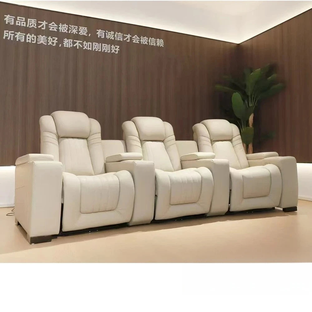 Genuine Leather Sofa Chair for Home Theater, Modern Electric Power Reclining Seat with Footrest and Cup Holders