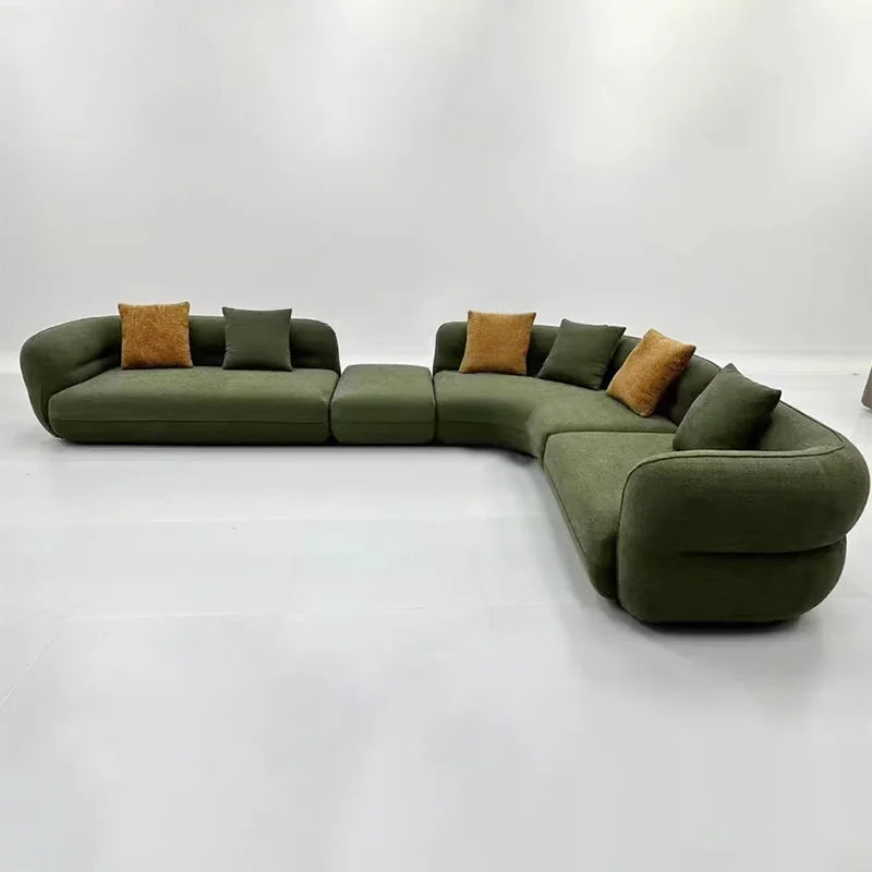 Elegant L-Shape Modular Living Room Sofa Set Modern Curved Green Flannel Wide Sponge Seat Sofas for Apartment Villa Luxury Couch
