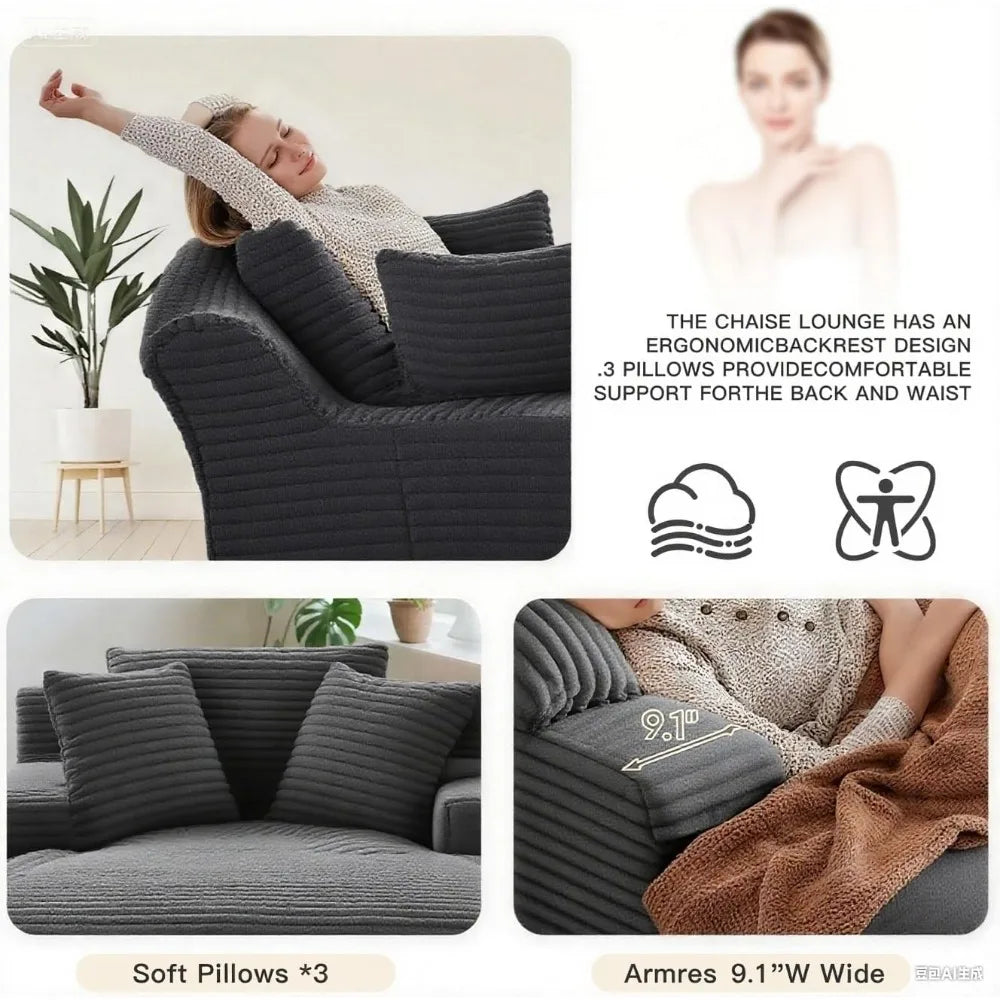 68'' chaise lounge chair indoor, gray corduroy boneless couch,reading cloud couches for bedroom living room fluffy oversized sof