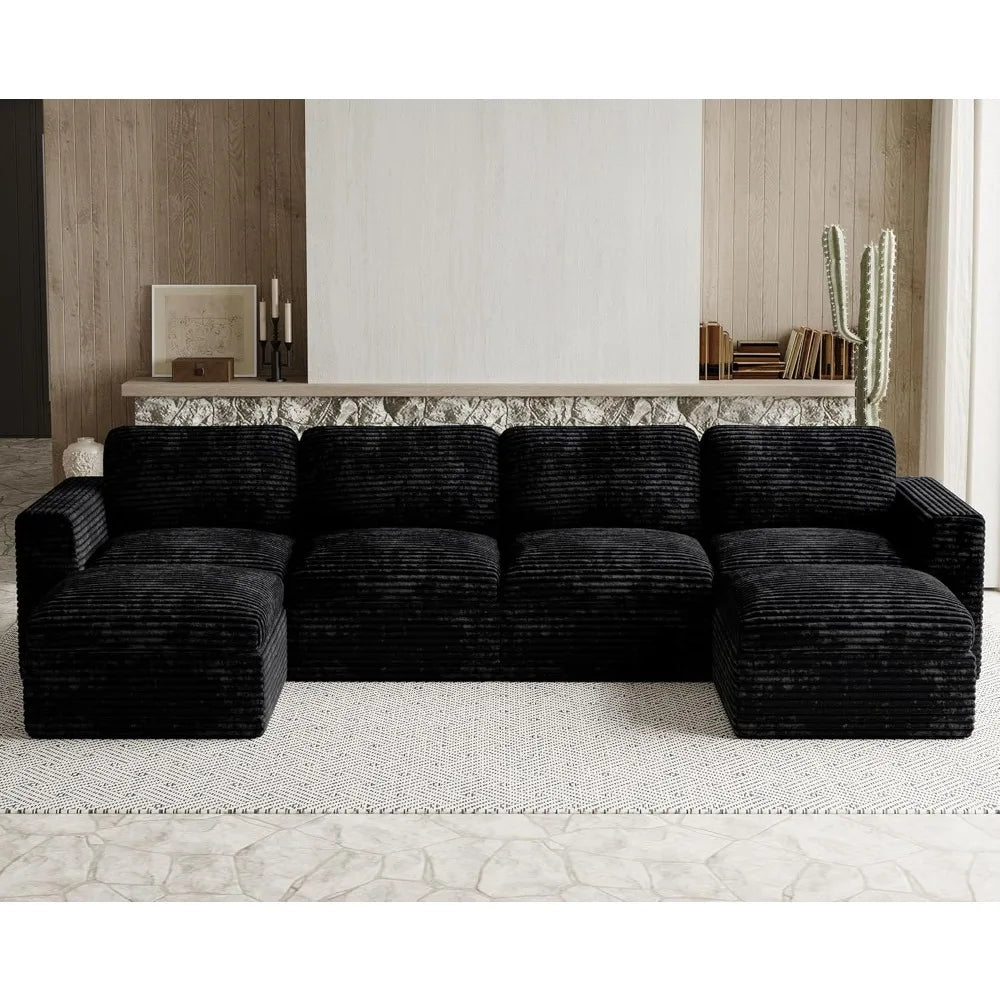 Cloud Sectional Couches for Living Room Plush Corduroy U Shaped Boneless Modular Sectional Sofa with Deep Seat. Black Couch