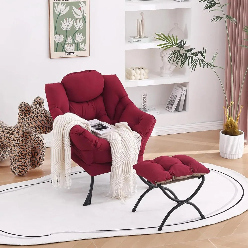 New Burgundy Lazy Chair with Ottoman, Modern Lounge Accent Chair with Armrests and a Side Pocket, Leisure Sofa Armchair - HOME