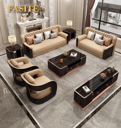 Italian light luxury leather sofa modern high-end straight row villa large flat floor