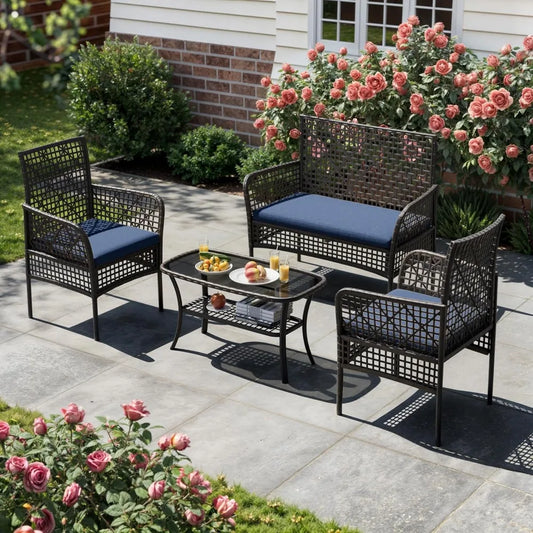 Patio Furniture Set 4 Pieces Outdoor Wicker Rattan Chairs with Coffee Table and Cushions, Modern Patio Conversation Sets for Poo