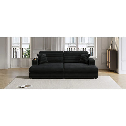 86.5\" Oversized Loveseat Corduroy Chaise Lounge Sectional Sleeper Sofa Two USB Ports Two Cup Holders Two Throw Pillows Black