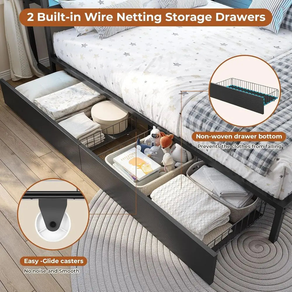 Full Size Metal Daybed Frame with Bookcase Storage, LED Lights, Drawers & Charging Station, No Box Spring Needed, Black
