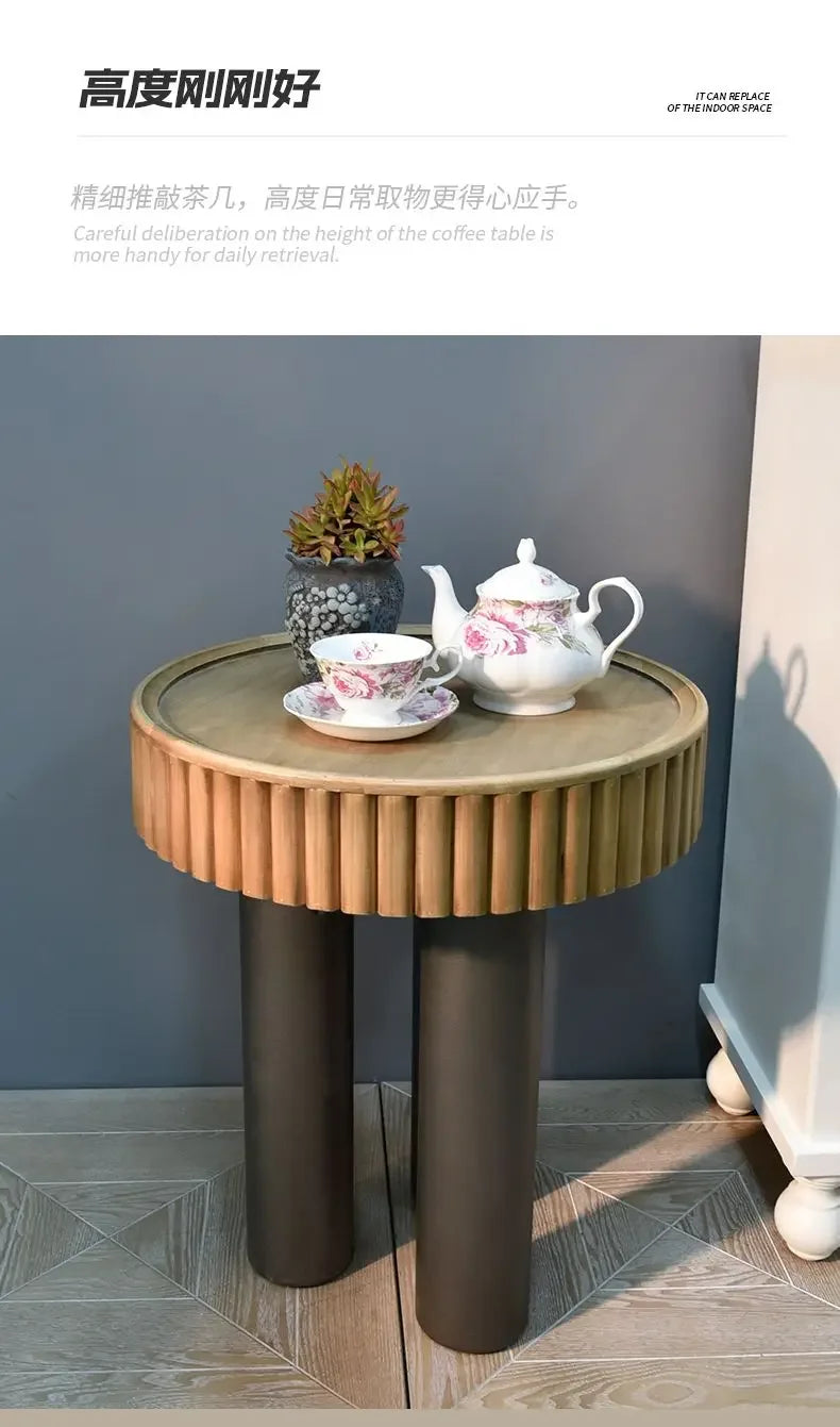 New arrivals pastoral style living room furniture rustic round wood carved coffee table with 3 legs
