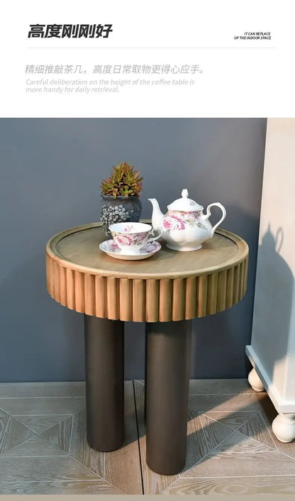 New arrivals pastoral style living room furniture rustic round wood carved coffee table with 3 legs