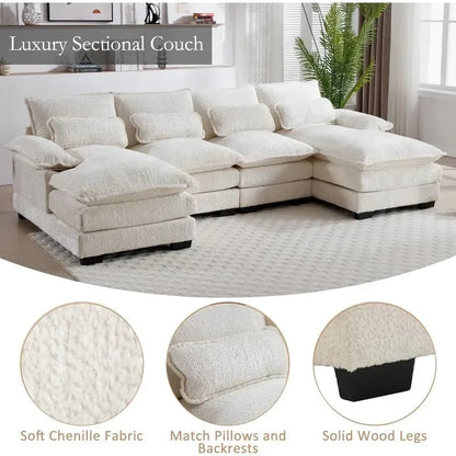 U-Shaped Sectional Sofa Couch, Modern Chenille, Comfy Modular Sleeper with Double Chaise, Memory Foam for Living Room