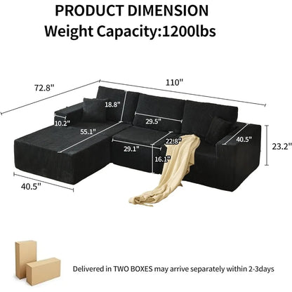 110" Boneless Cloud Sectional Couch for Living Room, Compressed Modular L-Shaped Sofa with Deep Seat, Frameless Corduroy Couch i