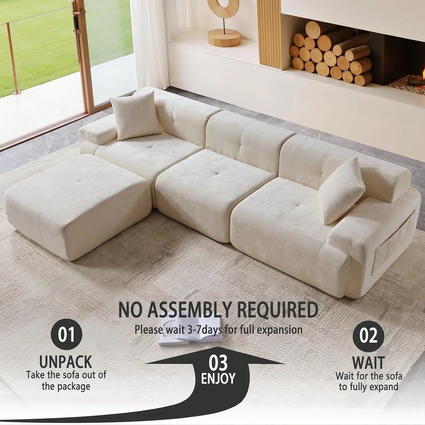 118" Modern L-Shaped Boneless Couch Modular Sectional Sofa for Living Room, Chenille Upholstery Beige, Oversized 3-Seater Sectio