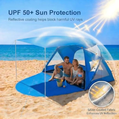 Beach Tent, Portable Sun Shelter for 3 Person with UPF 50+ UV Protection, Easy Setup Waterproof Beach Shade Canopy Cabana for Fa