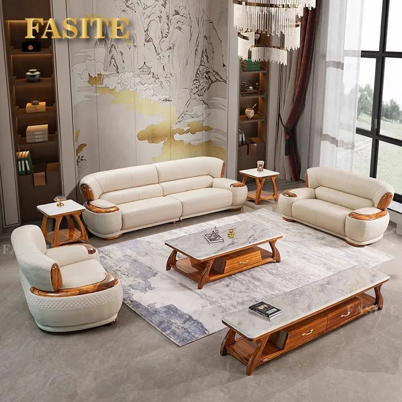 New Chinese Ebony Leather Sofa High-end Villa Large Flat Floor Living Room Leather Art Solid Wood Princess Corner 23 Combination