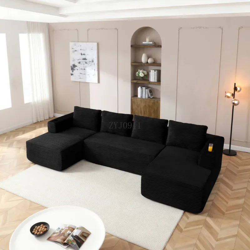 132-Inch boneless sofa, modern corduroy U-shaped modular section sofa, comfortable sofa with cup holder