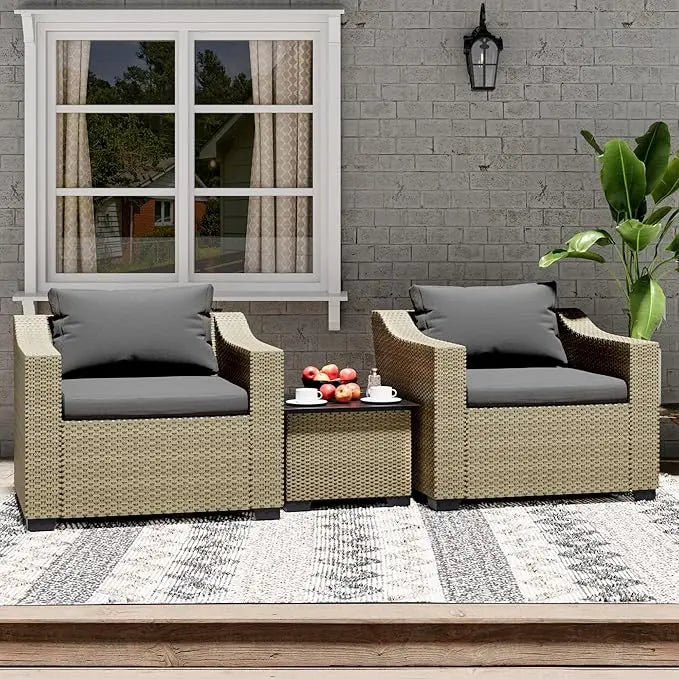 Patio Conversation Set Rattan Outdoor Sectional Furniture Sofa Set Wicker Couch with Coffee Table and Cushions for Poolside, Bac
