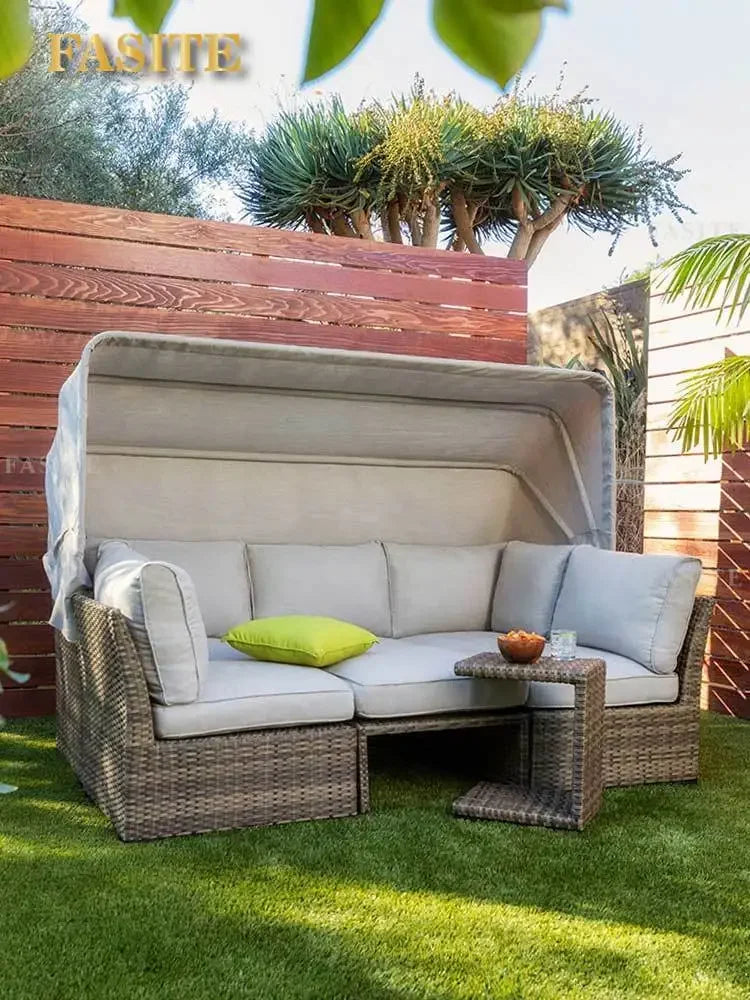 Lying bed, covered courtyard, high-end villa, outdoor rattan woven sofa bed, terrace, outdoor rattan chair