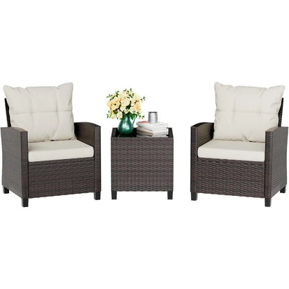 Cushioned Outdoor Wicker Bistro Set for Small Patio Spaces with Conversation Chairs and Rattan Design