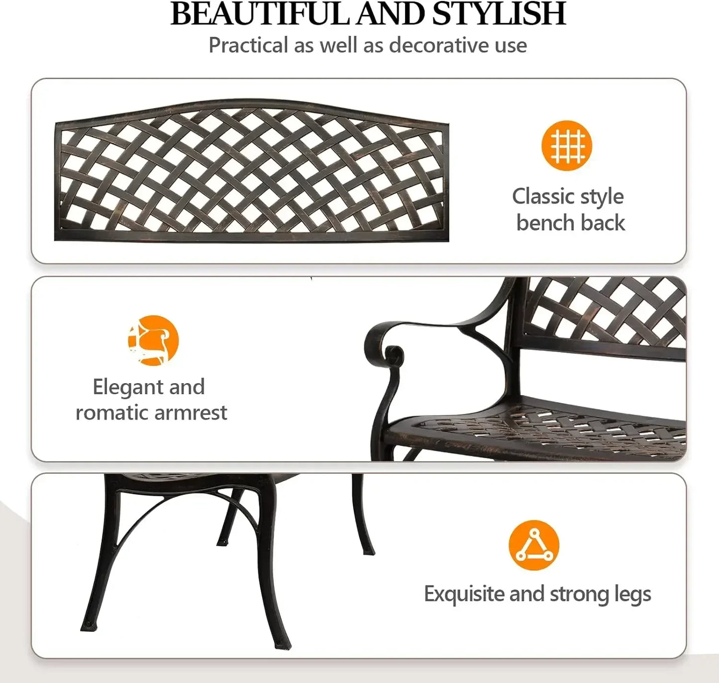 40.5" Outdoor Bench Patio Garden Bench, Anti- Rust Cast Aluminum Patio Bench Front Porch Bench