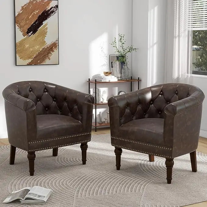 Faux Leather Barrel Accent Chairs Set of 4, Modern Club Arm Chair Comfy Upholstered Single Sofa Chair, Beige
