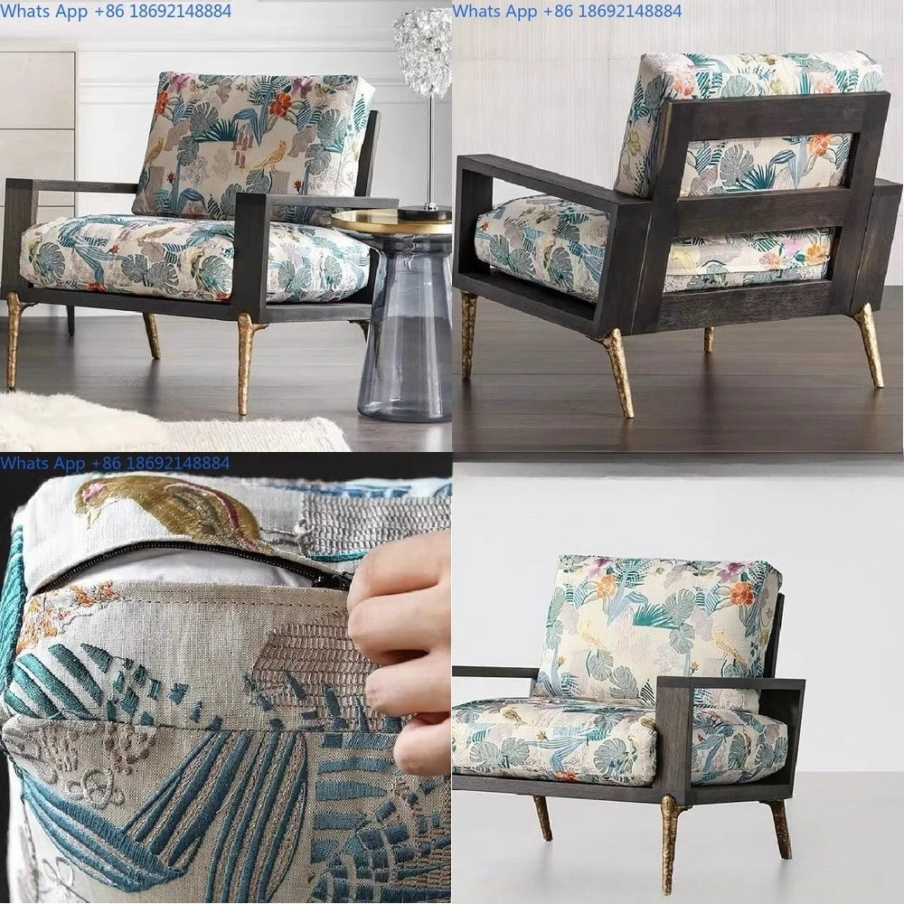 Retro Style Single Sofa Chair for Living Room with Solid Wood Frame Comfortable Lounge Seat