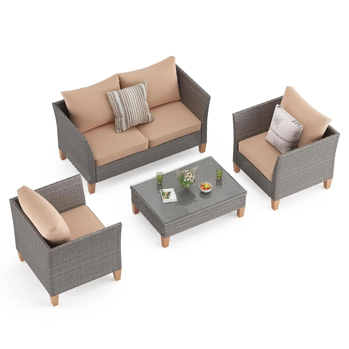 5-Piece Patio Furniture Set, Thickened Rattan Sectional Outdoor Sofa with Glass Top Table, Reclined Backrest and, Customized