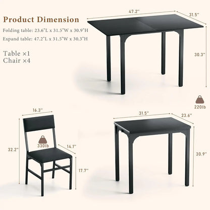 Dining Table Set for 4, Extendable Kitchen Table Cushion Chairs Set of 4, Rectangle Dining Table with Metal Frame & MDF Board