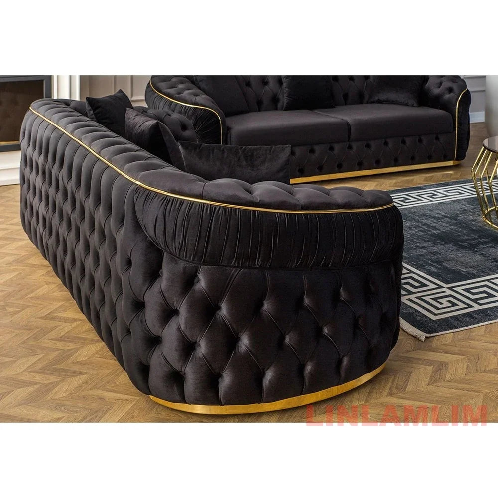 Luxury Chesterfield Sectional Sofa Set With Cloth Buttons And Fabric Modular Couch With Gold Stainless Steel Base, 3-seater