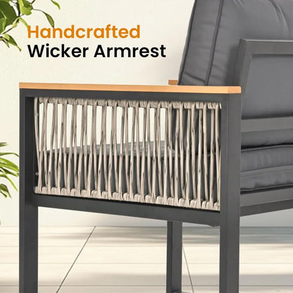 6 Pieces Outdoor Patio Furniture Set with Wicker Handrails, Plastic-Wood Balcony Furniture with Wicker Arm Panel, All-Weather M