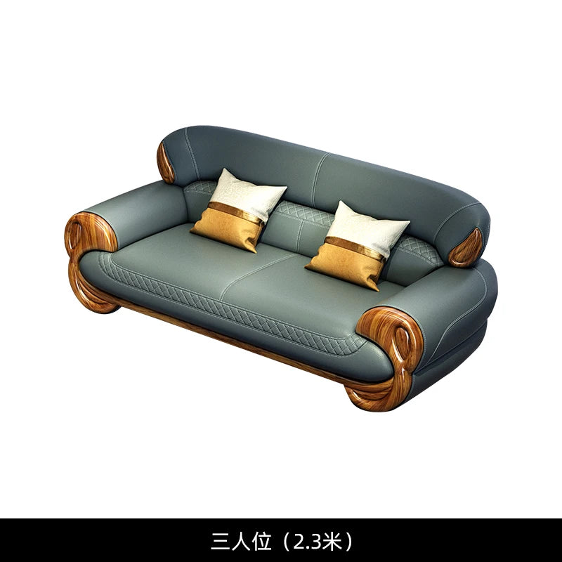 Ebony leather sofa living room new Chinese villa modern light luxury high-end sofa combination