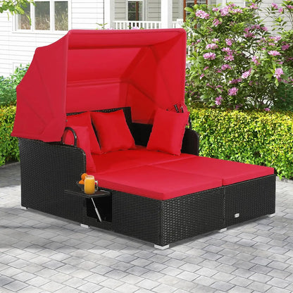 Outdoor Daybed, 2-Person Wicker Patio Sofa with Retractable Canopy, Cushions & Pillows, 2 Side Trays, PE Rattan Double, Custom