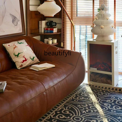 Oil Wax Leather French Retro Small Apartment Straight Row Leather Sofa Living Room Sofa