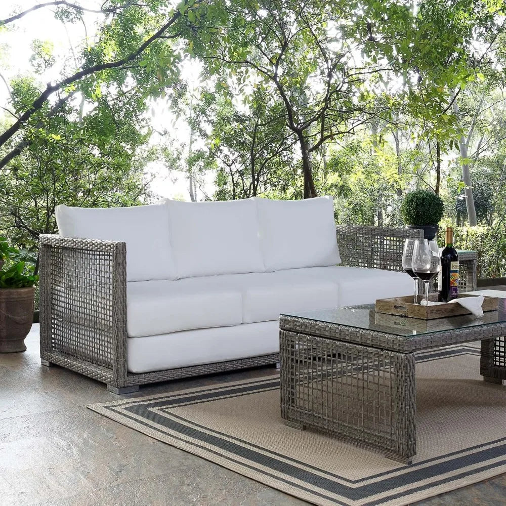 Gray and White Wicker Outdoor Patio Sofa Couch