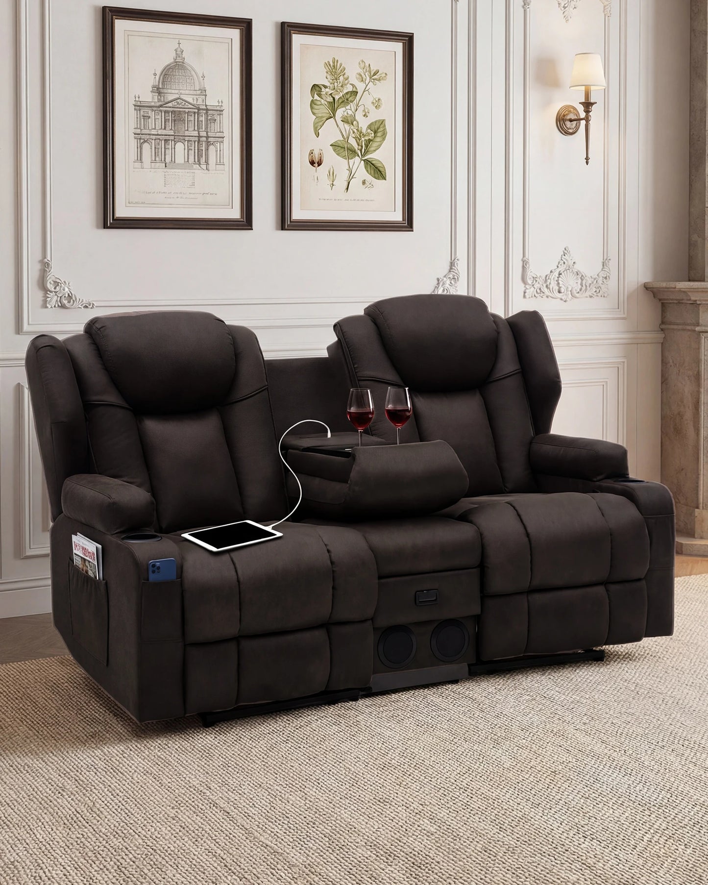 Redlife Loveseat Recliner Sofa with Console,Manual Pull Reclining Couch,Heating & Massage,USB & Power Outlet,Home Theater&RV