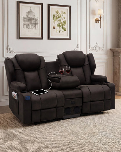 Redlife Loveseat Recliner Sofa with Console,Manual Pull Reclining Couch,Heating & Massage,USB & Power Outlet,Home Theater&RV