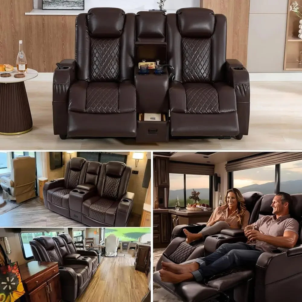 Brown Leather Loveseat Recliner with Double Recline, Center Console, and 2 Pillows for Comfortable Seating
