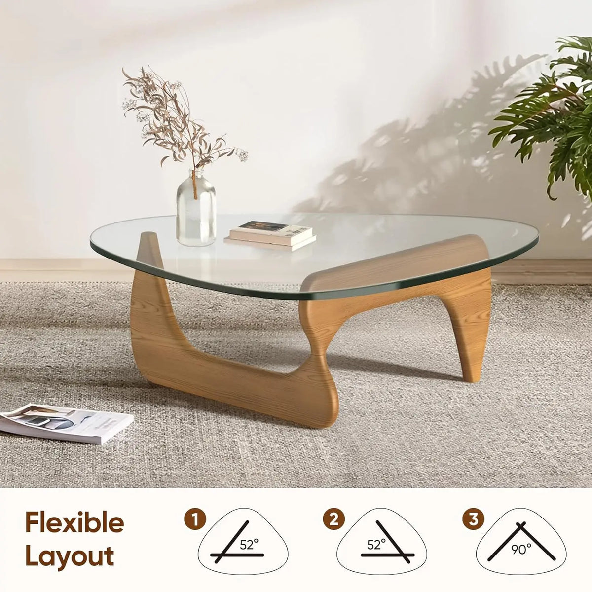 Table basse en verre triangulaire, base en bois massif, plateau transparent vintage, salon, patio, bureau, noyer clair, sur mesure