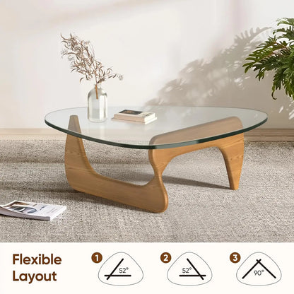 Table basse en verre triangulaire, base en bois massif, plateau transparent vintage, salon, patio, bureau, noyer clair, sur mesure