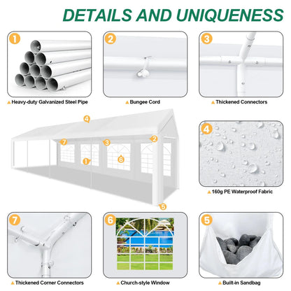 10 x 30 Canopy Tent Heavy Duty, 10x30 Party Tent with Removable Sidewalls & 4 Built-in Sandbags, Wedding Tent UV 50+，Waterproof