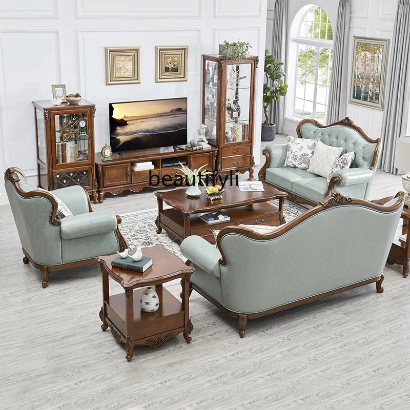 American leather sofa all solid wood combination living room European double triple sofa