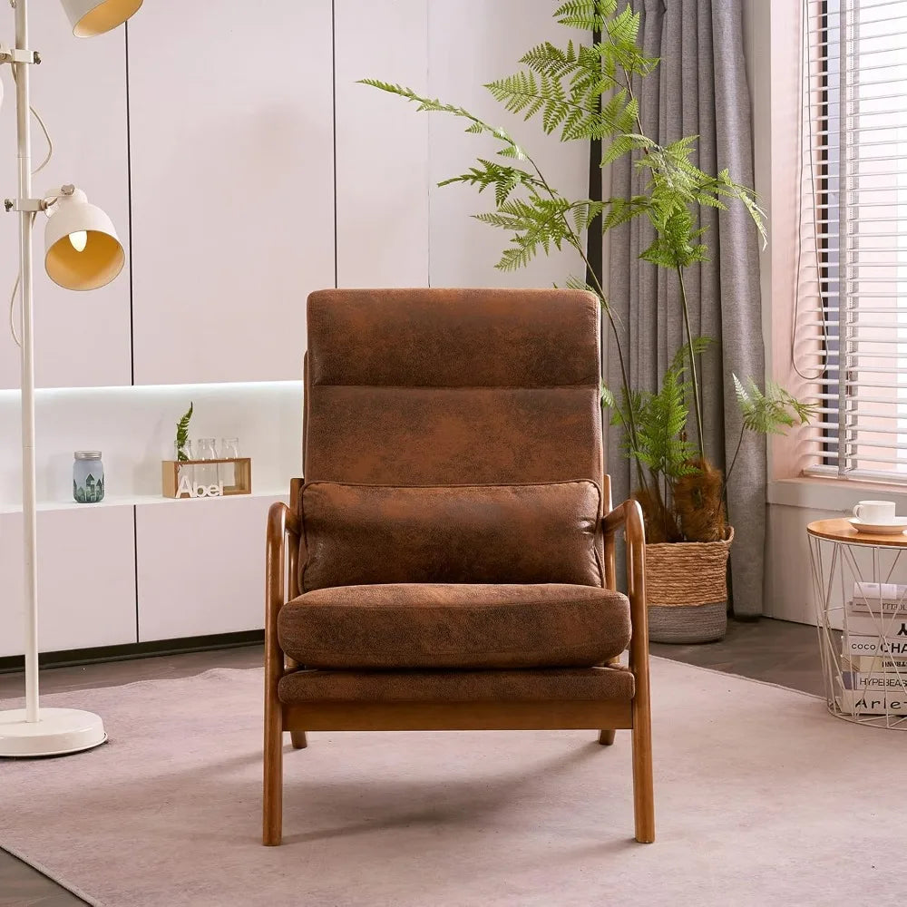 Mid-Century Modern Chair with Pillow High Back Bronzing Cloth Upholstered Lounge Arm Chair with Solid Wood Frame & Soft Cushion