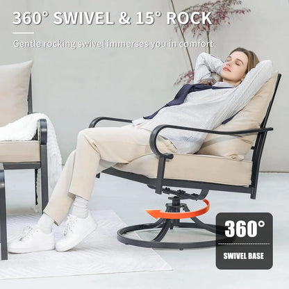 5 Piece Patio Furniture Set, Metal Patio Conversation Set with 1x3 Seater Sofa & 2xSwivel Chairs & 2xOttomans, 5.75'' Extra Thic