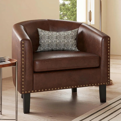 Modern Faux Leather Tub Club Chair, Upholstered Armchair with Gold Nailhead Accents and Black Legs