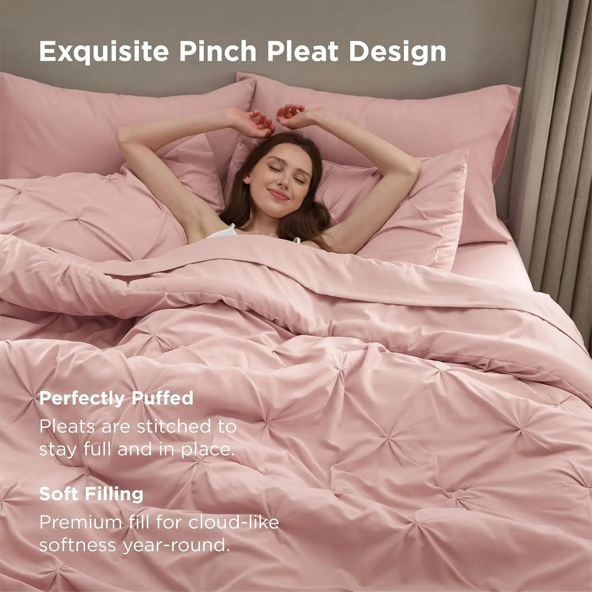 Queen Comforter Set Pink Bed in a Bag Queen Size 7 Pieces GentleSoft™ Pintuck Bed Set Gift for Family Pinch Pleat Pink Comforter