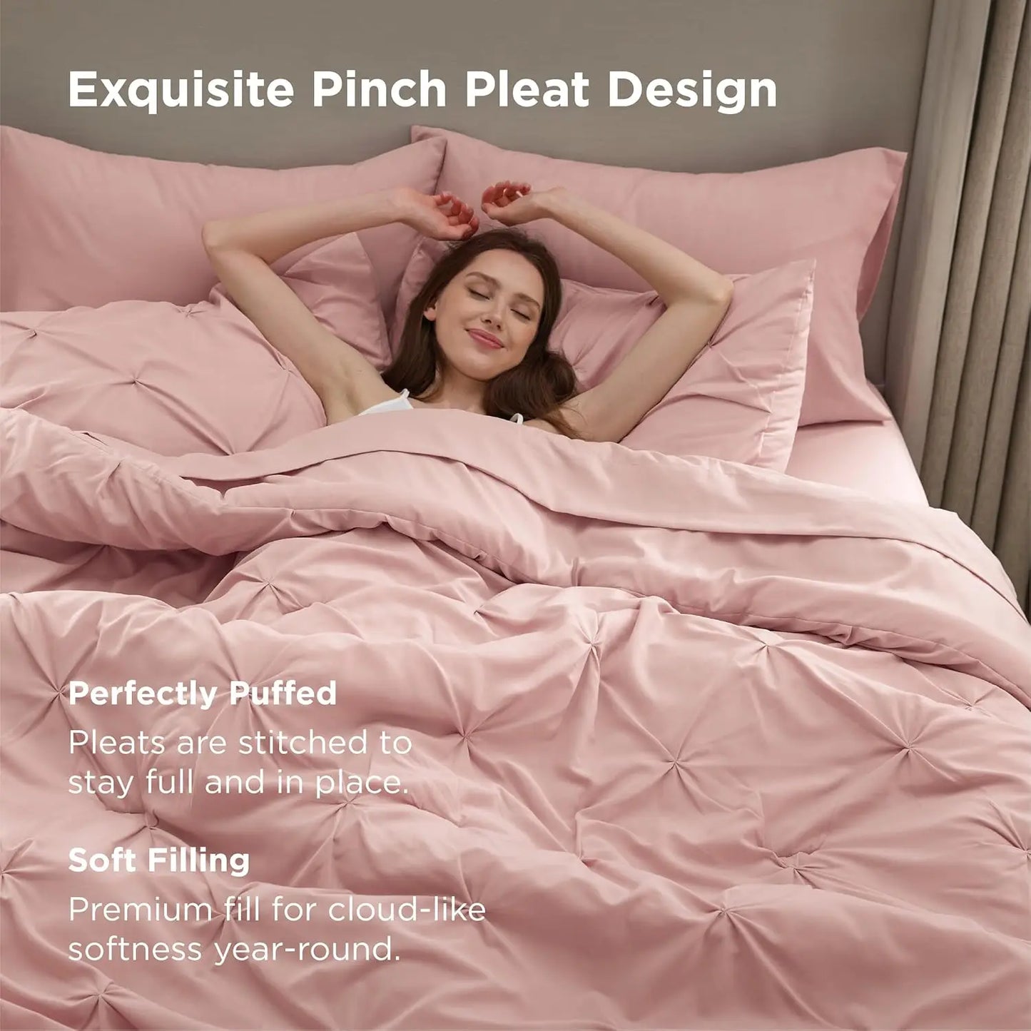 Queen Comforter Set Pink Bed in a Bag Queen Size 7 Pieces GentleSoft™ Pintuck Bed Set Gift for Family Pinch Pleat Pink Comforter