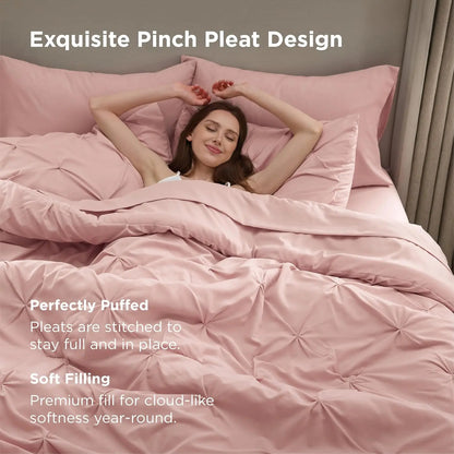 Queen Comforter Set Pink Bed in a Bag Queen Size 7 Pieces GentleSoft™ Pintuck Bed Set Gift for Family Pinch Pleat Pink Comforter