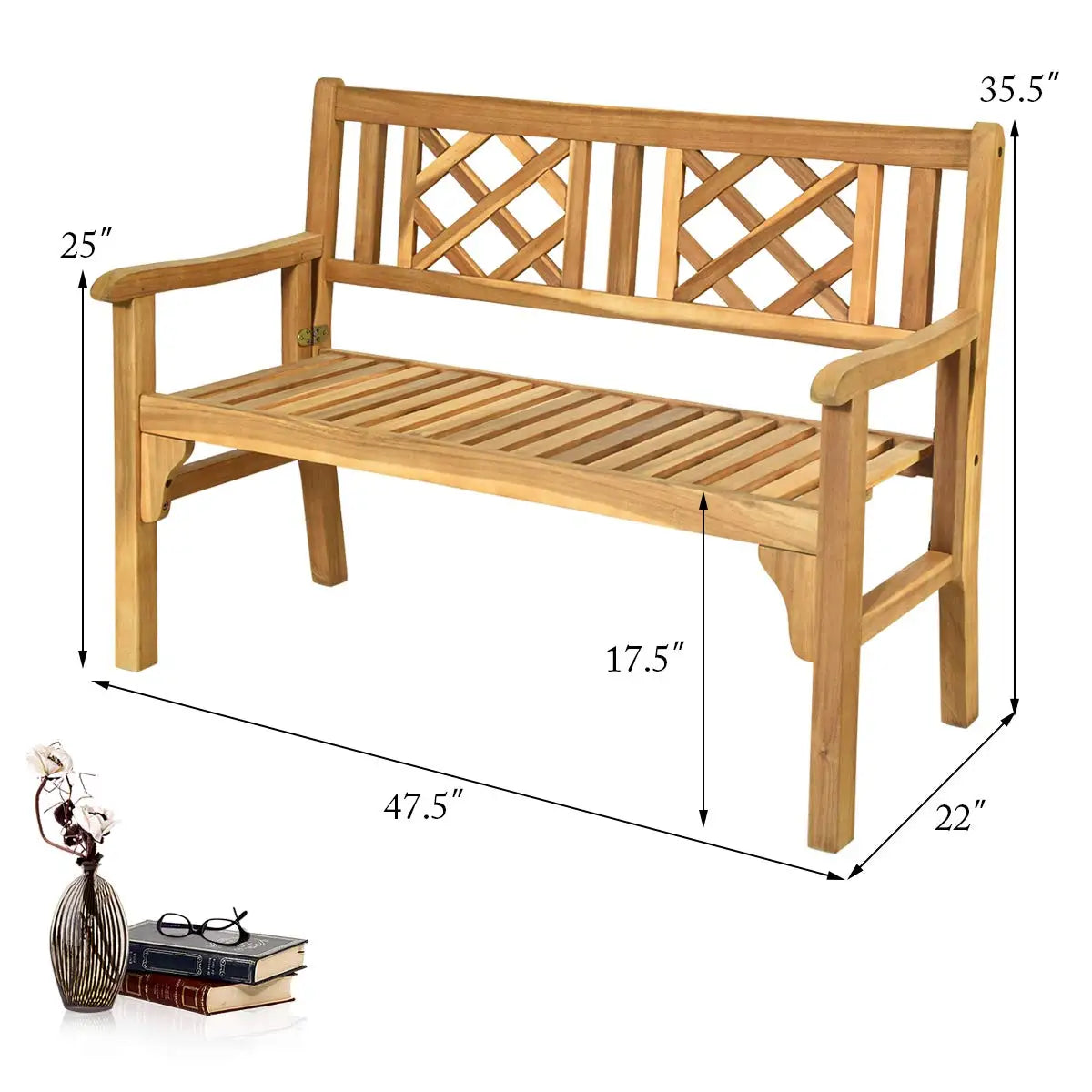 2-Person Teak Garden Bench with Comfortable Armrests, Backrest, and Slatted Seat, Supports 800 lbs, Ideal for Patio, Porch, or P