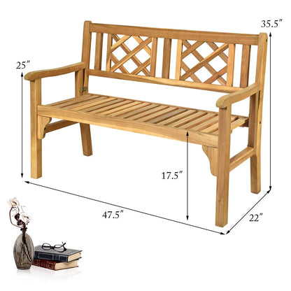 2-Person Teak Garden Bench with Comfortable Armrests, Backrest, and Slatted Seat, Supports 800 lbs, Ideal for Patio, Porch, or P